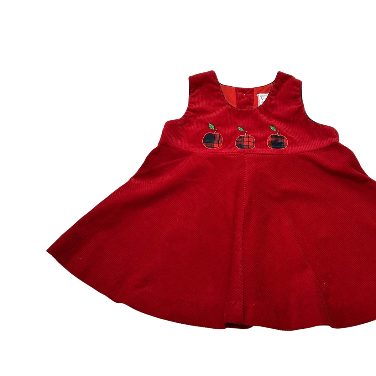 VTG 90s 24M Red Corduroy Embroidered Apple Buffalo Plaid A-Line Pinafore Dress