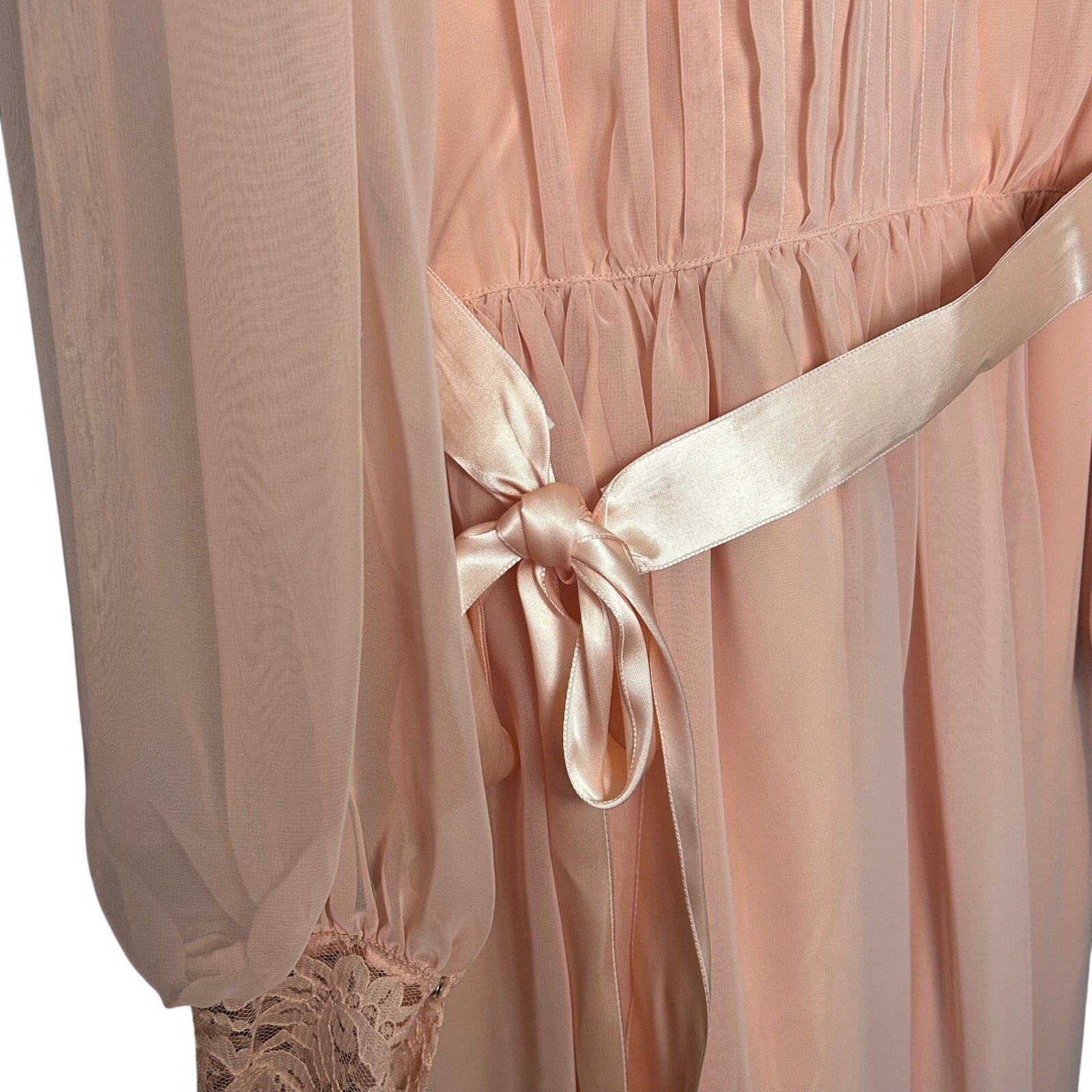 VTG 70s Handmade Peach Lace Maxi Dress Sheer Bishop Sleeve Boho Prairie XS