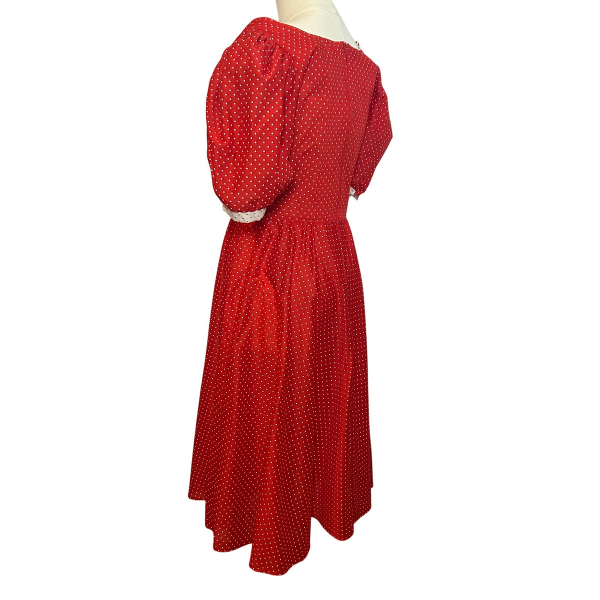 VTG 80s Red White Polka Dot Puff Sleeve Midi Dress