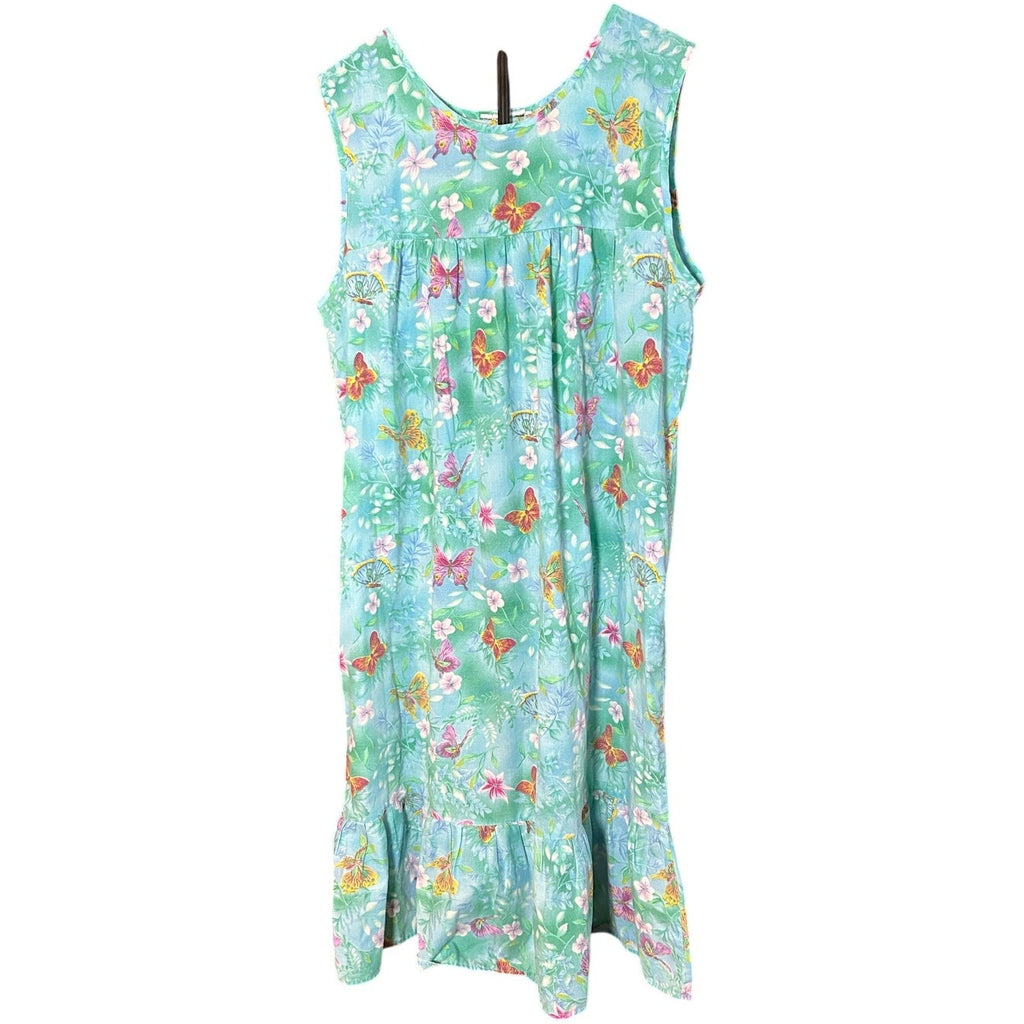 VTG Butterfly Floral Cotton Feel House Dress Blue Green XL Single Side Pocket
