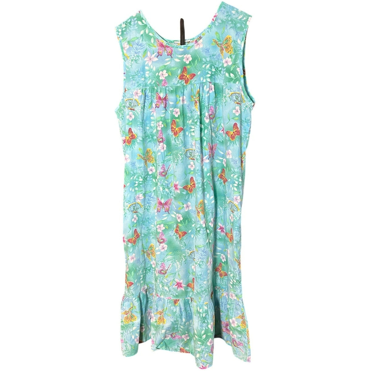 VTG Butterfly Floral Cotton Feel House Dress Blue Green XL Single Side Pocket