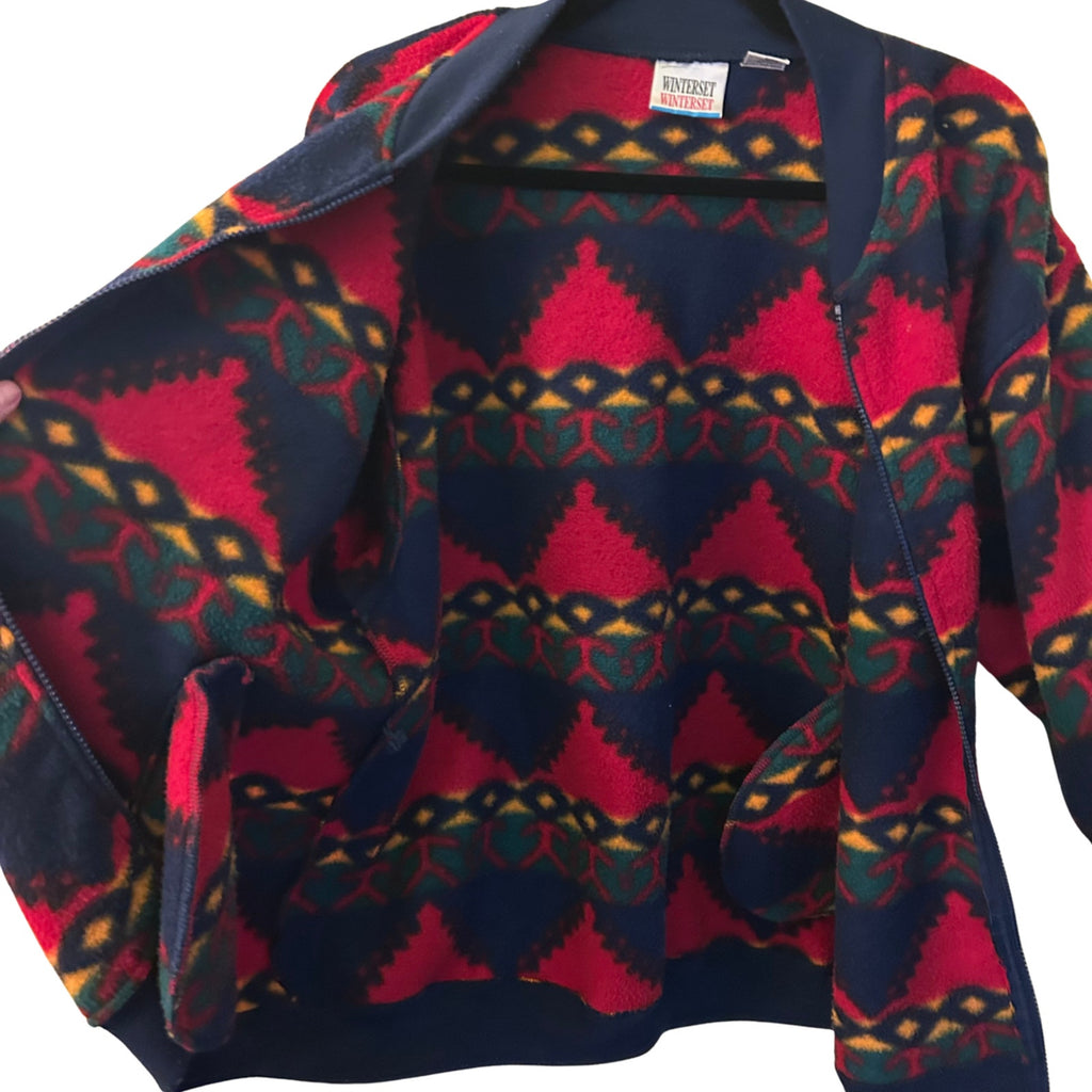 VTG Winterset Aztec Southwestern Fleece Zip Up Jacket Red Blue M Gorpcore Boho