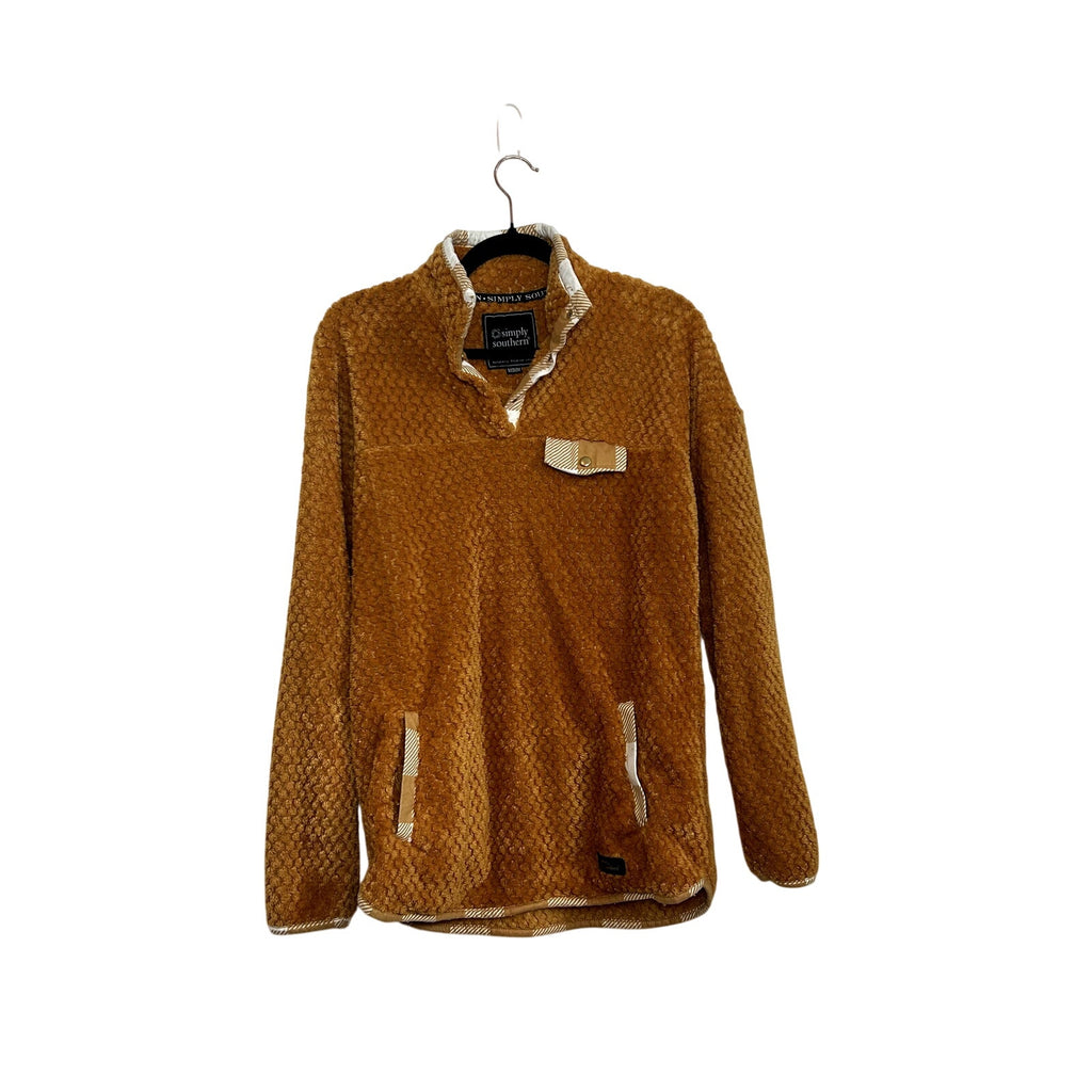 Simply Southern M Orange White Fleece Quarter Snap Henley Pullover Cozy Popcorn