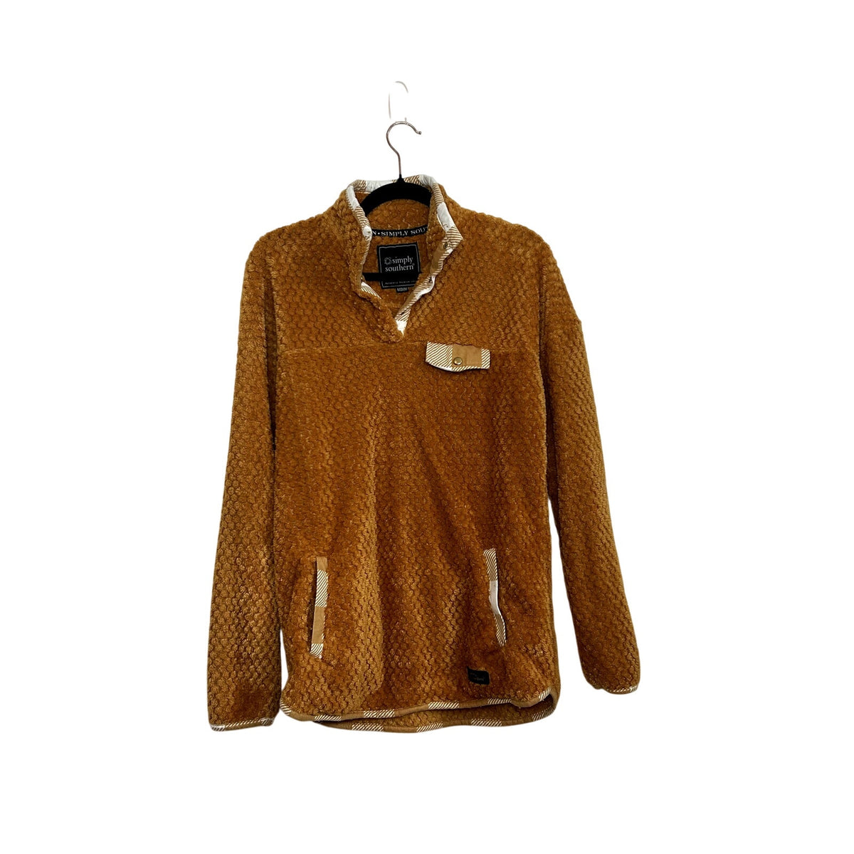 Simply Southern M Orange White Fleece Quarter Snap Henley Pullover Cozy Popcorn
