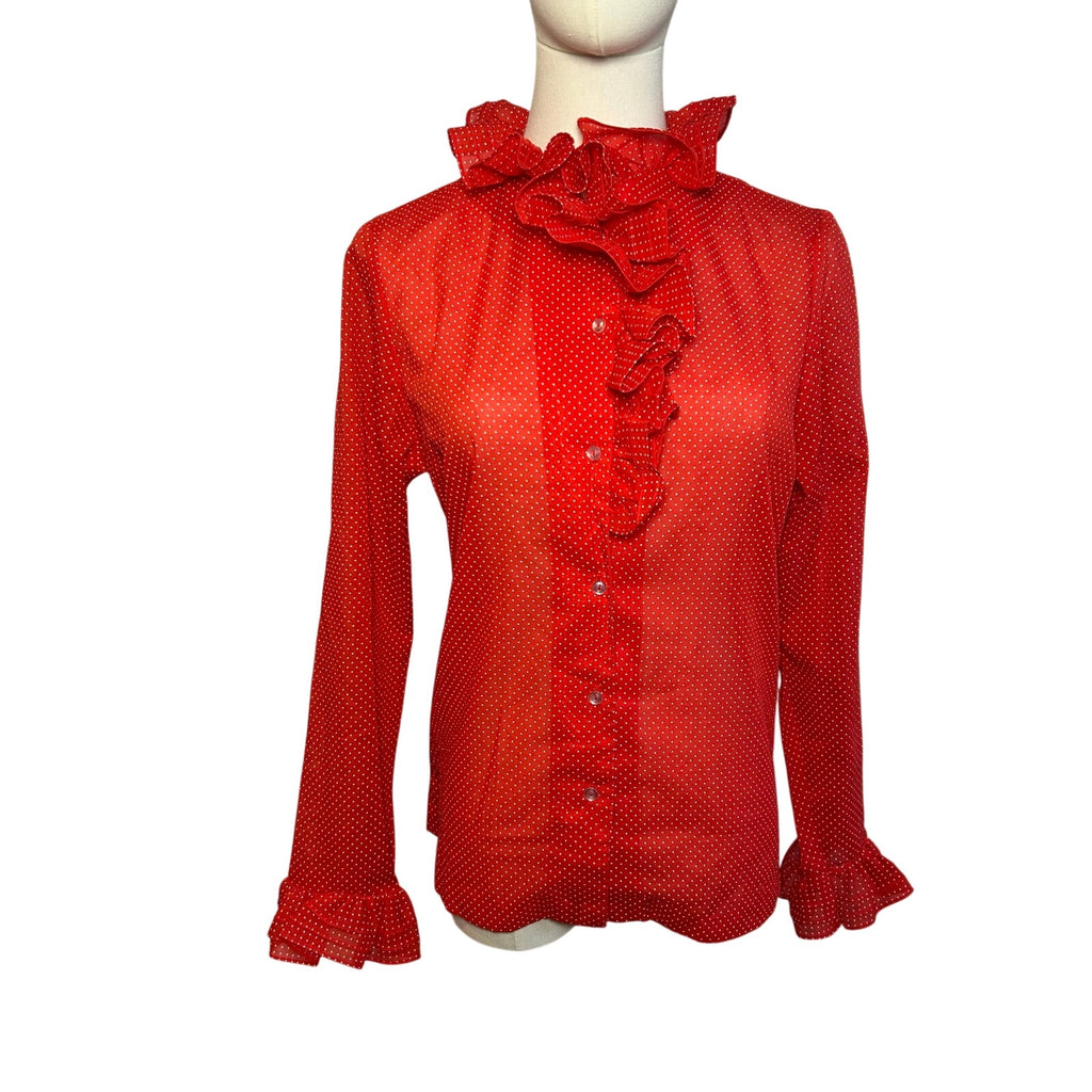VTG 70s NaMa of California Red M Ruffle Polka Dot Blouse Coquette Whimsigoth