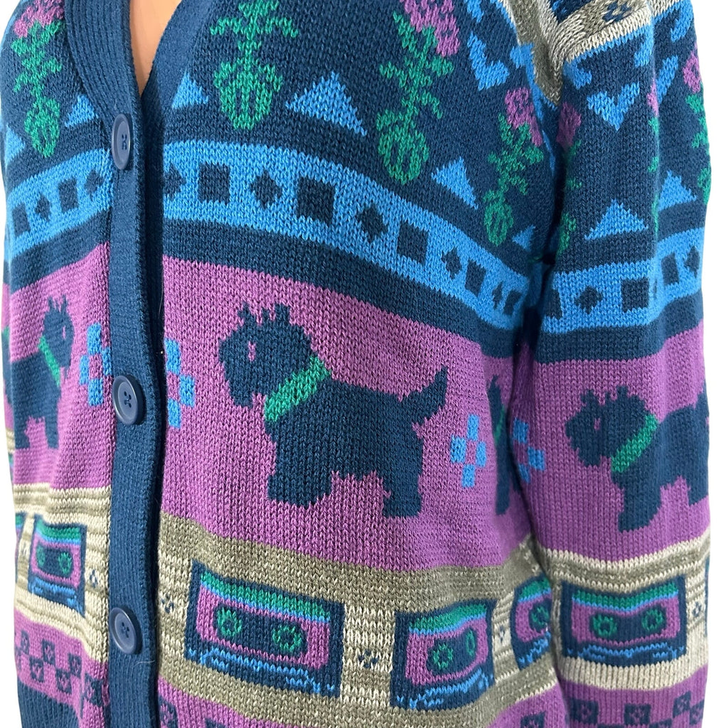 Netflix Stranger Things S Purple Blue Fair Isle Cassette V-Neck Knit Cardigan