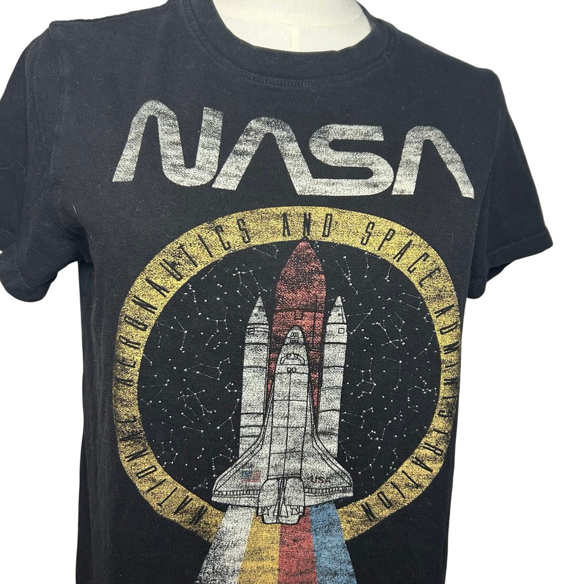 NASA Space Shuttle Graphic Black Cotton T-Shirt M Grunge Y2K Geek Science Retro