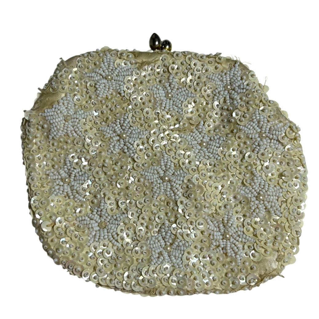 VTG 50s Cream Sequin White Floral Clutch Evening Bag Bridal Prom Retro Glam Twee