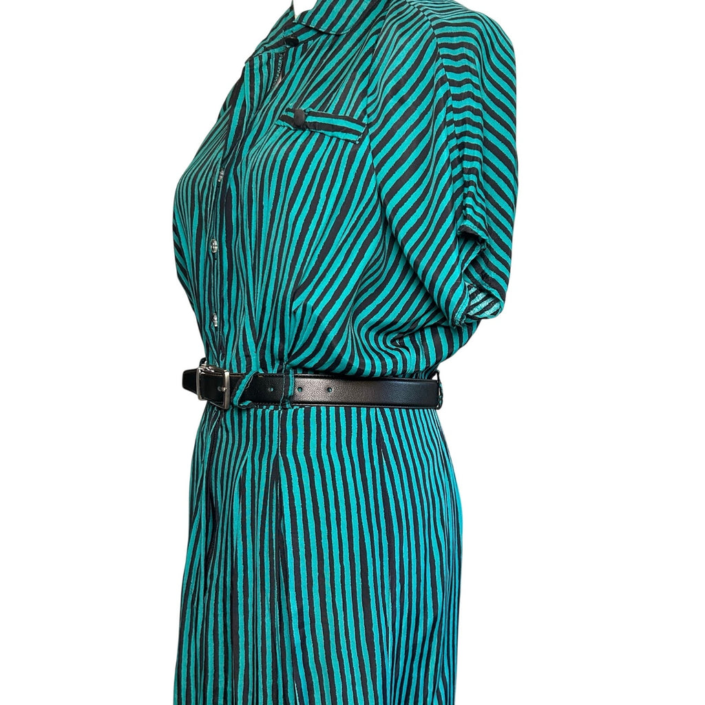 VTG 80s Scarlett Green Black Striped Rayon Midi Dress S Retro Boho Whimsigoth
