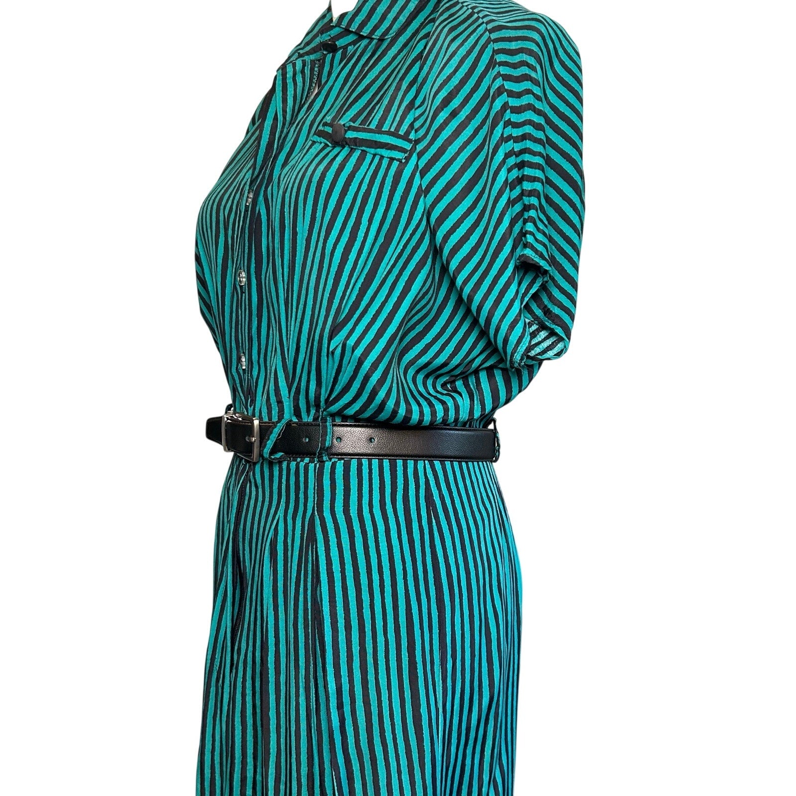 VTG 80s Scarlett Green Black Striped Rayon Midi Dress S Retro Boho Whimsigoth