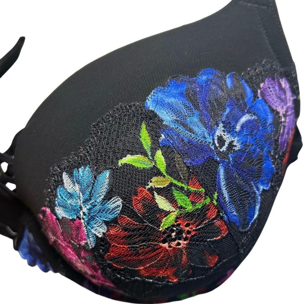 Torrid Curve Black Floral Mesh 360 Back Smoothing Push-Up Plunge Bra 44D Goth