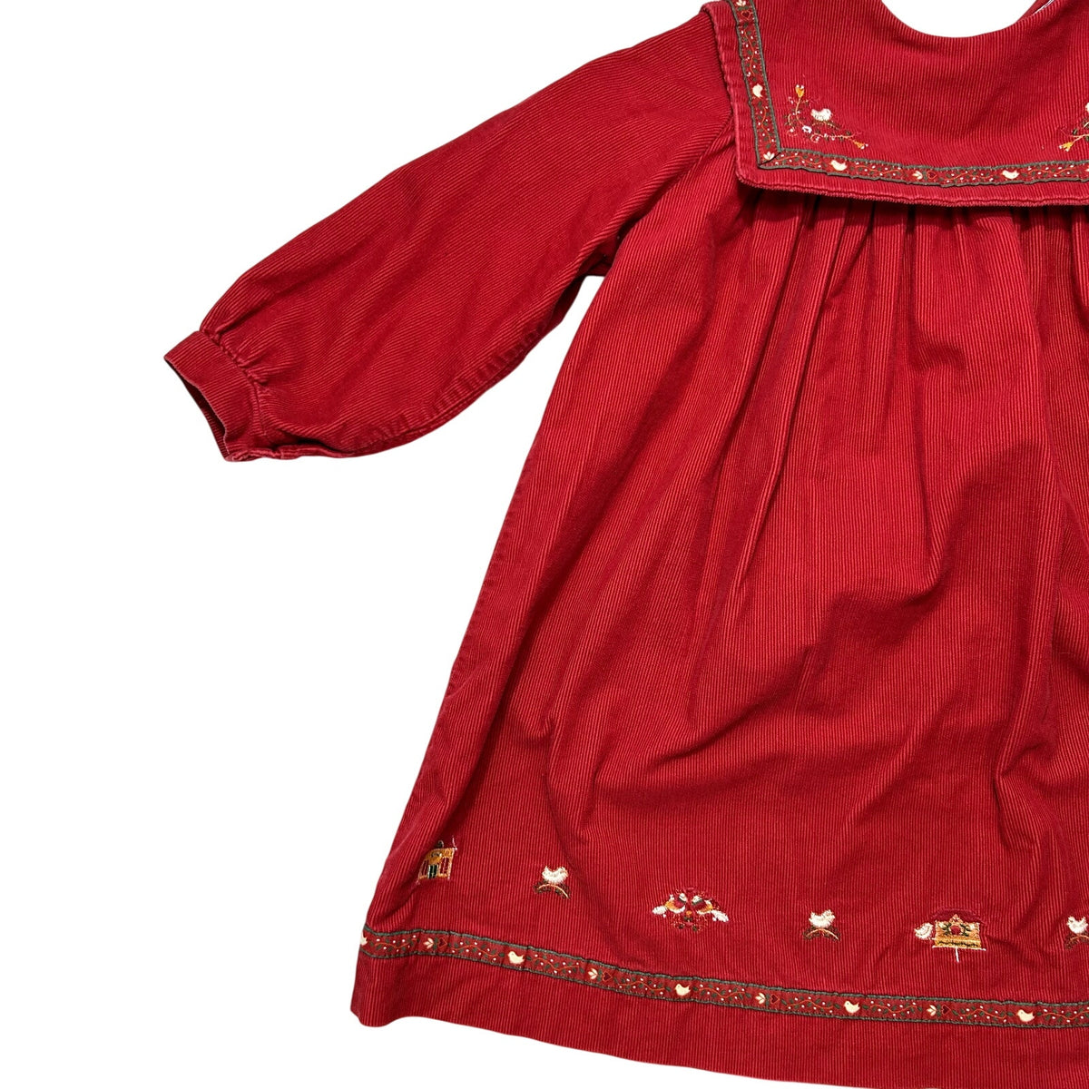 VTG 90s Jacadi Paris 3T Red Corduroy Sailor Collar Birdhouse Dress Embroidered