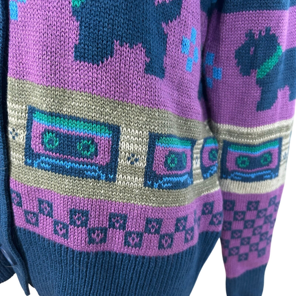 Netflix Stranger Things S Purple Blue Fair Isle Cassette V-Neck Knit Cardigan