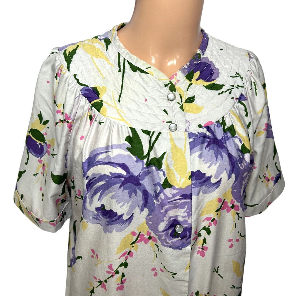 VTG 70s Grand Design S White Purple Floral Quilted Yoke Mumu Midi Dress Retro