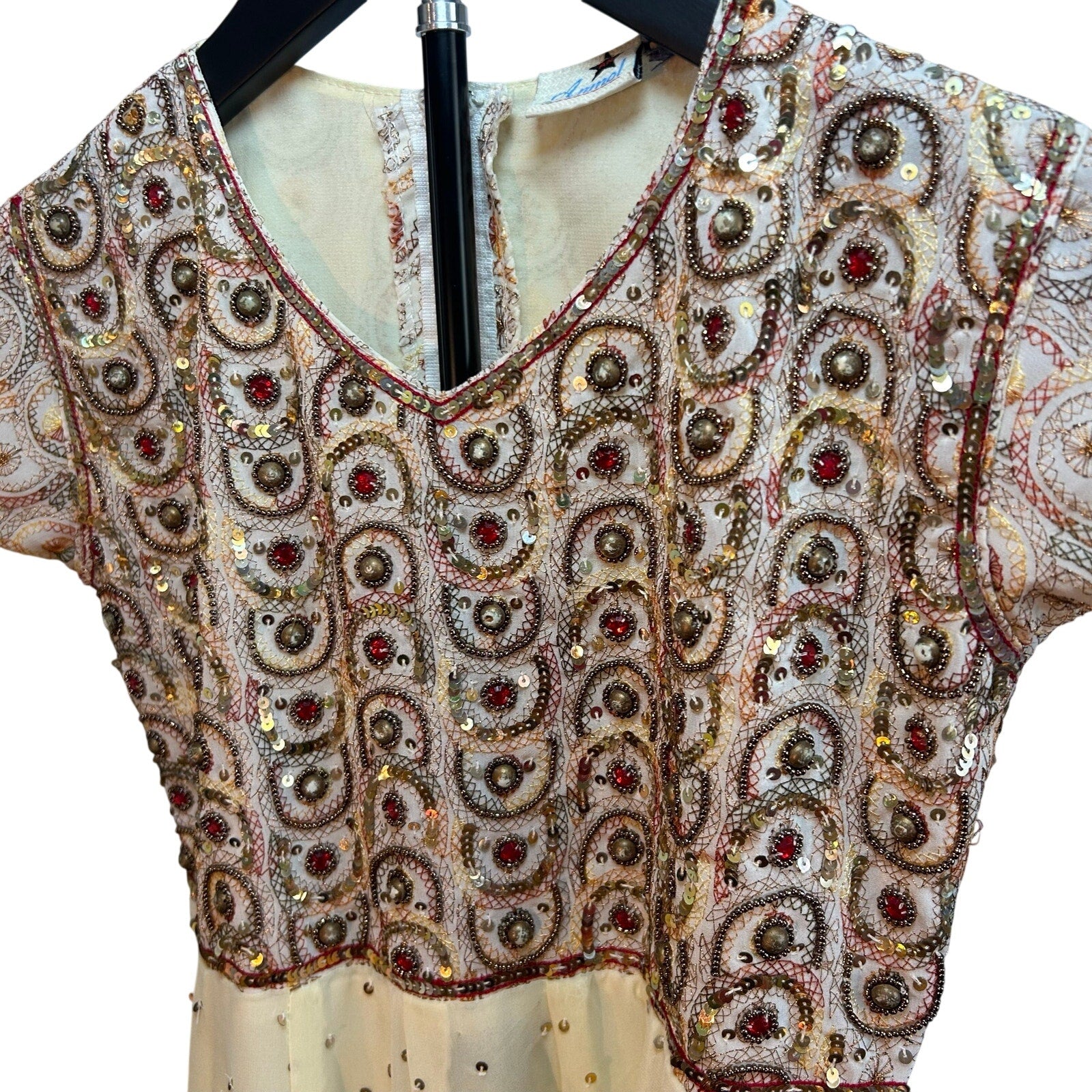 VTG 70s Anmol Indian Metallic Gold Thread Chiffon Dress Boho Whimsigoth XXS