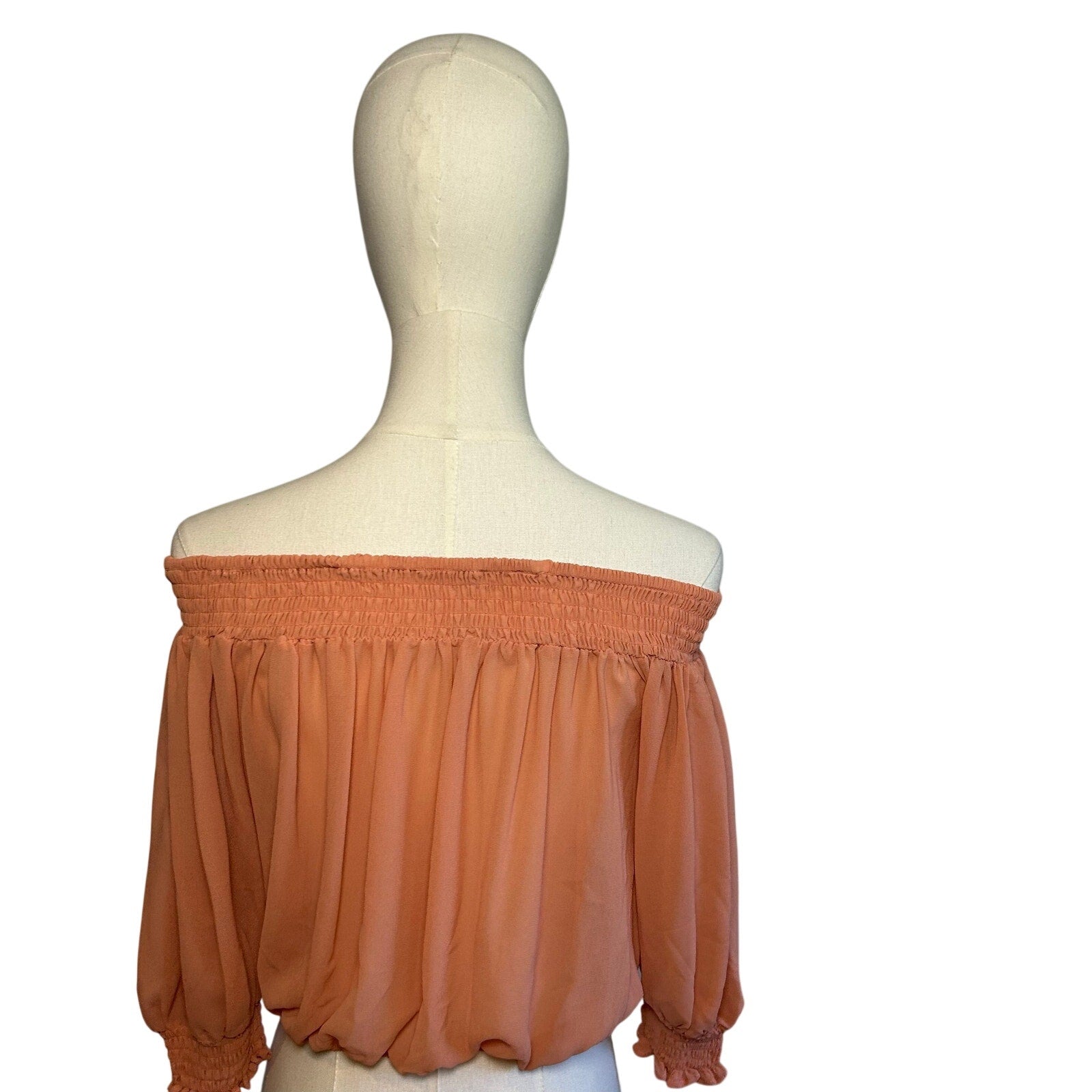Peach Sheer Chiffon Smocked Cropped M Blouse Fairycore  Coquette Whimsigoth Boho