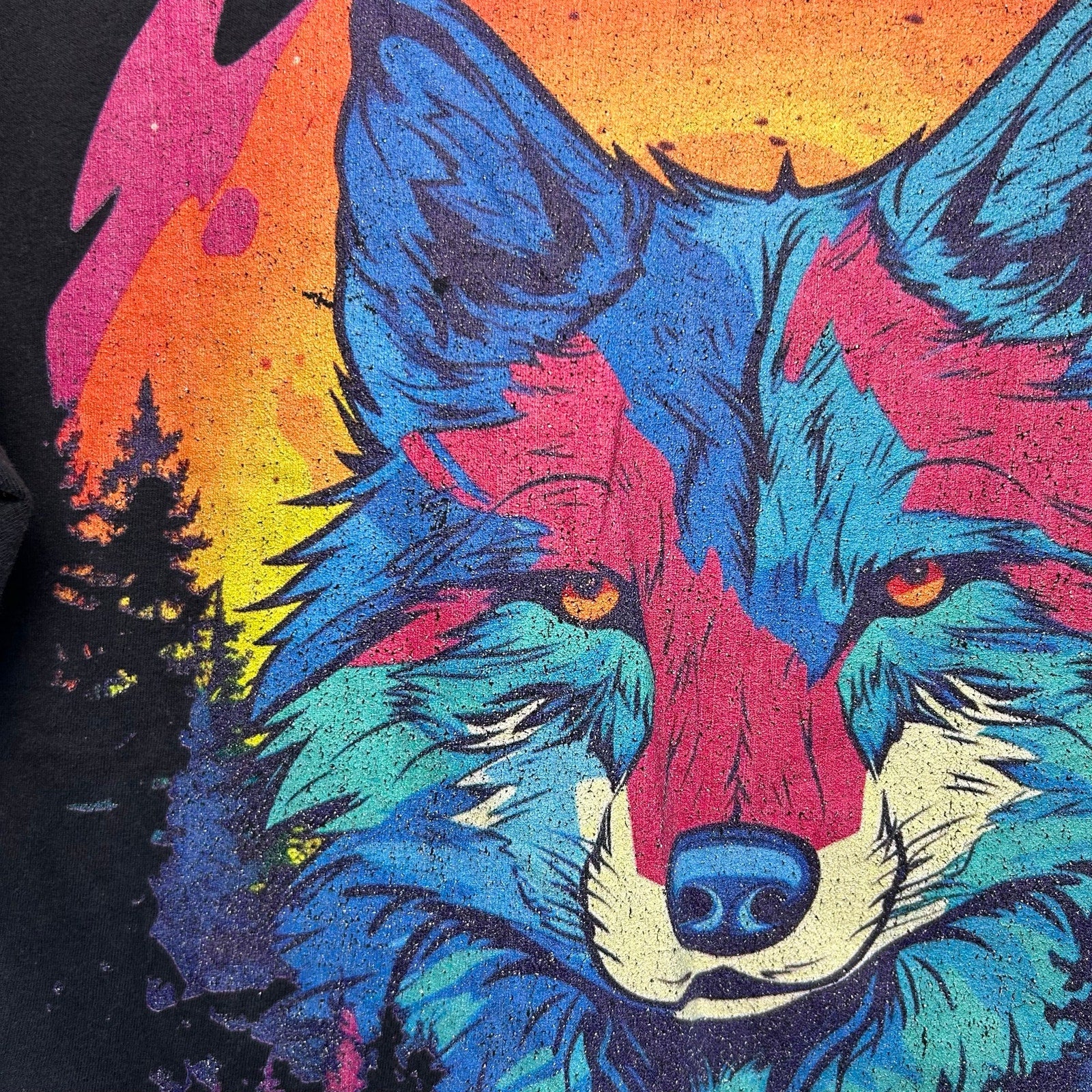 Black Colorful Wolf Graphic Raw Hem M Cropped Top T-Shirt Grunge Streetwear Y2K