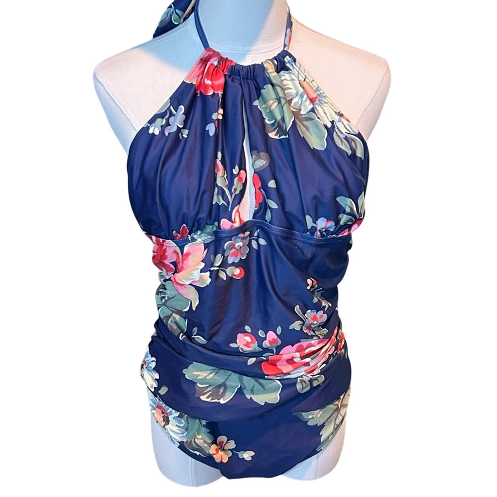 Eomenie Blue Floral One Piece Swimsuit Ruched Tummy Control Plus Size XL