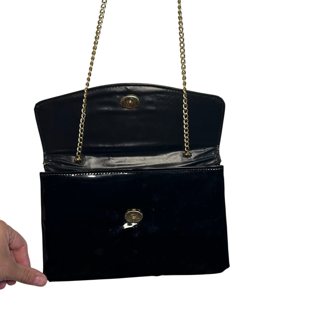 VTG 70s Patent Leather Black Gold Chain Convertible Clutch Shoulder Bag Purse