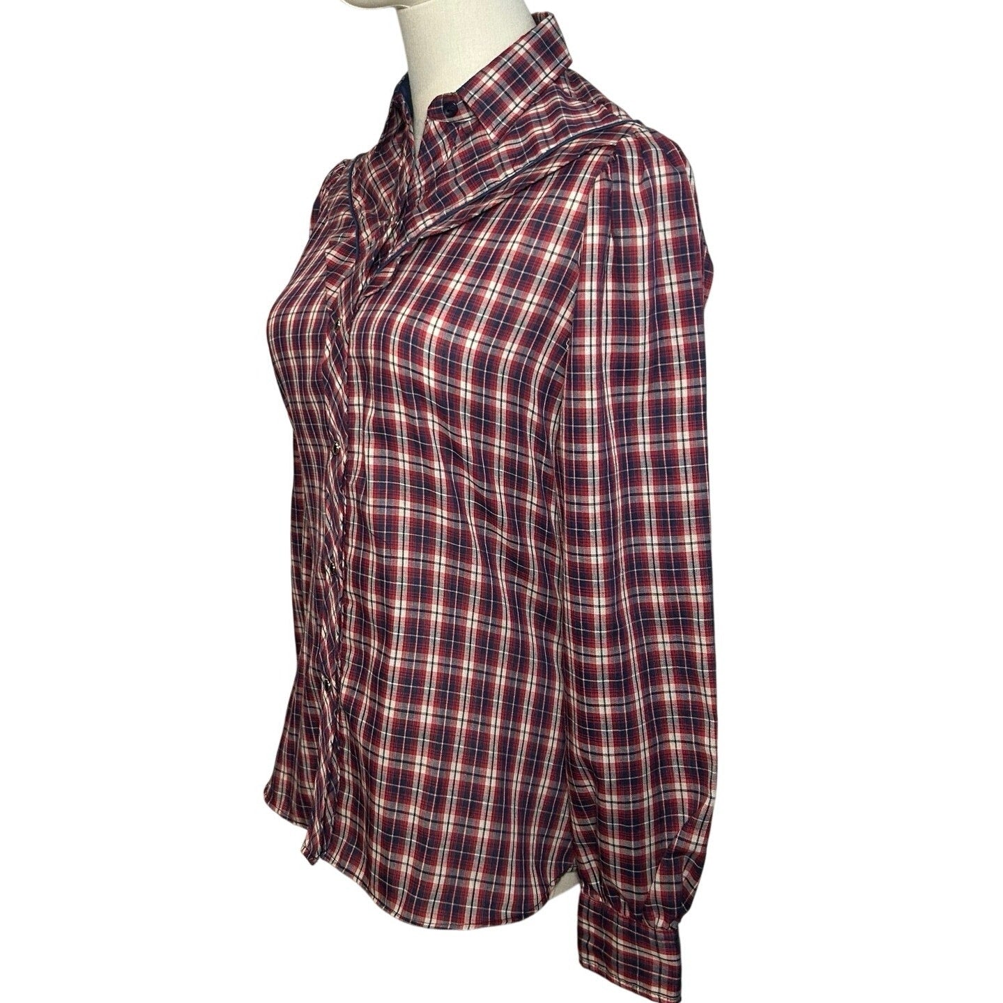 VTG 70s Kenny Rogers XS/S Western Red Plaid Snap Puff Sleeve Shirt Cottage Boho