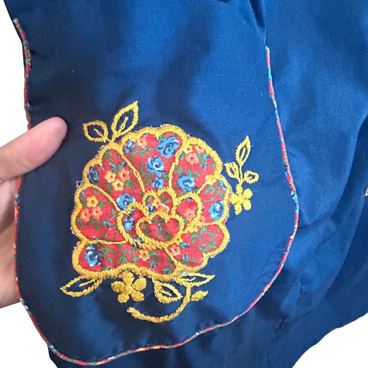 VTG 70s ILGWU Embroidered Floral Pocket Pinafore Dress Navy Blue Small Retro