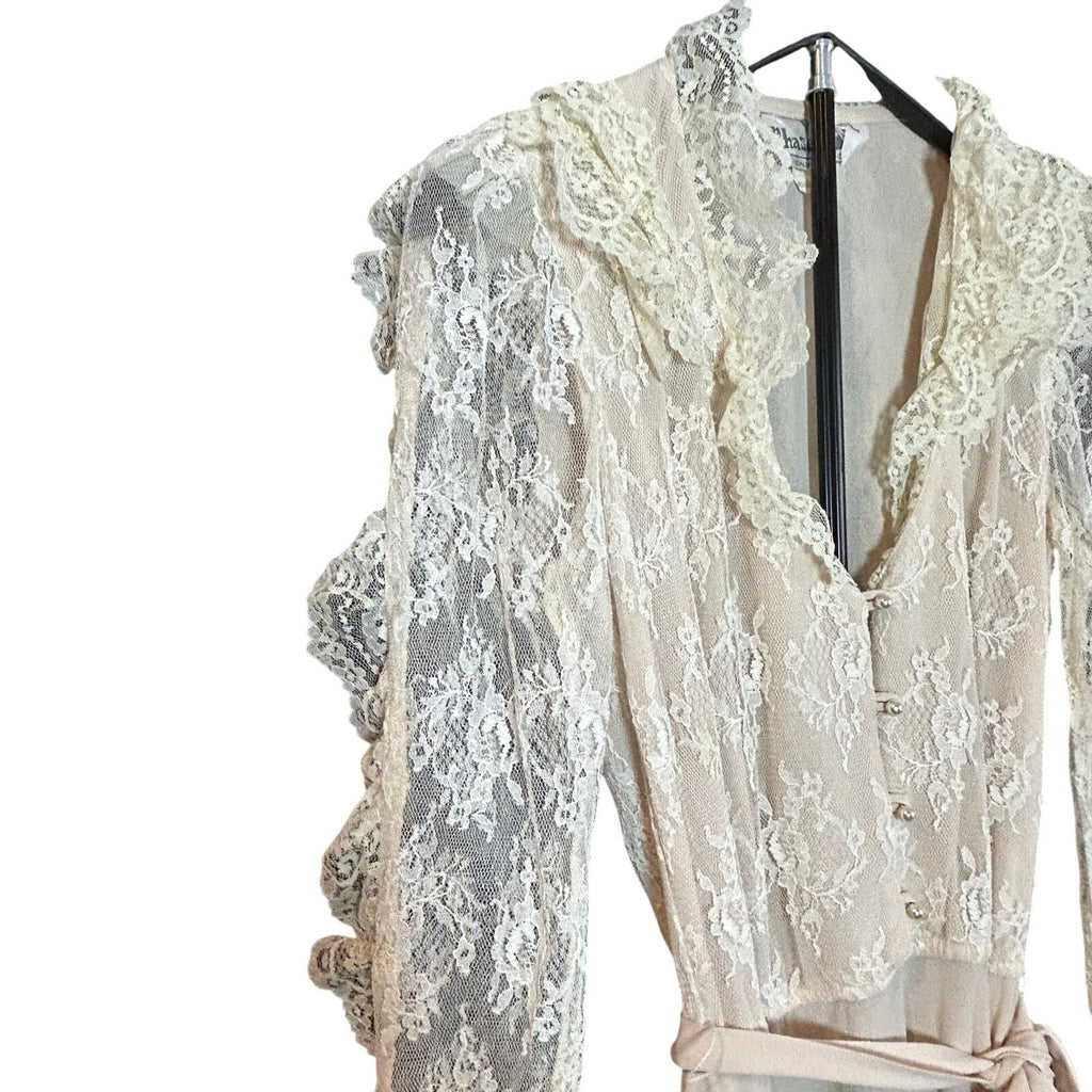 VTG 70s Phase II California Lace Ruffle Maxi Dress Cream Size 6 Victorian Pearl