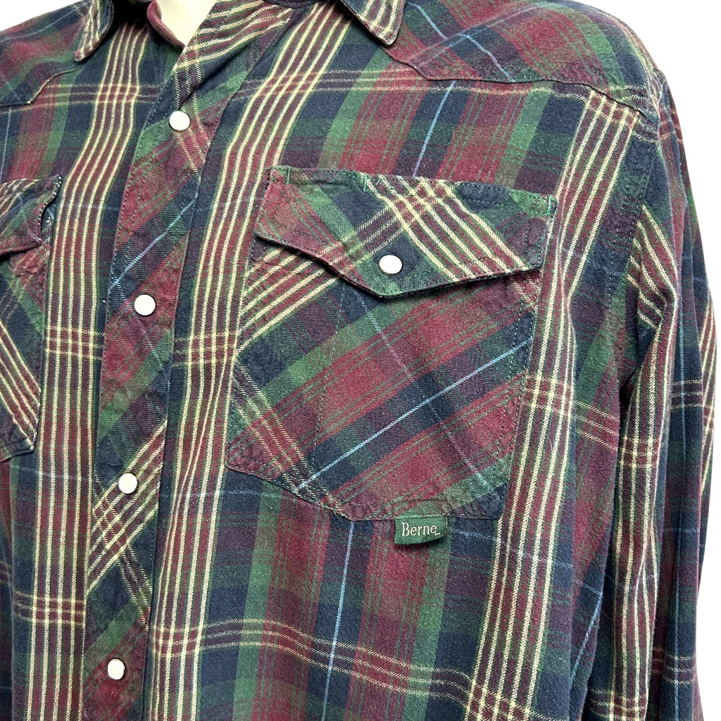 Berne L Multicolor Plaid Flannel Pearl Snap Work Shirt Utility Pen Pocket Gorp