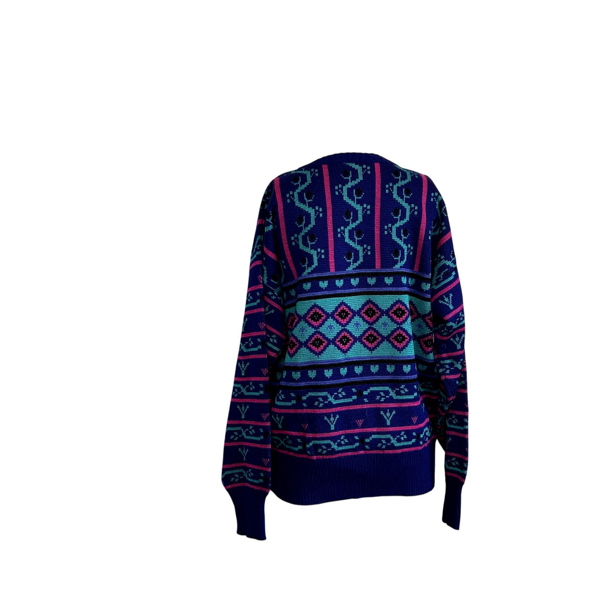 VTG 80s Meister M Purple Teal Maximalist Patterned Wool Knit Retro Cozy Sweater