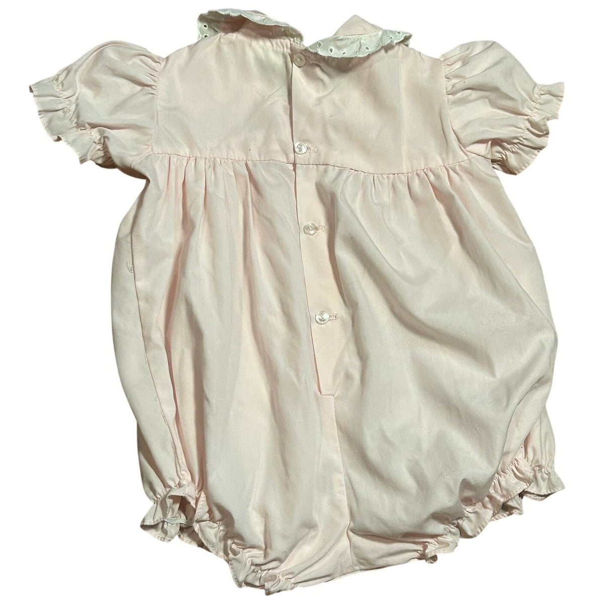 VTG 70s Baby Girl Pink Smocked Romper Teddy Bear Puff Sleeve Cottage Coquette