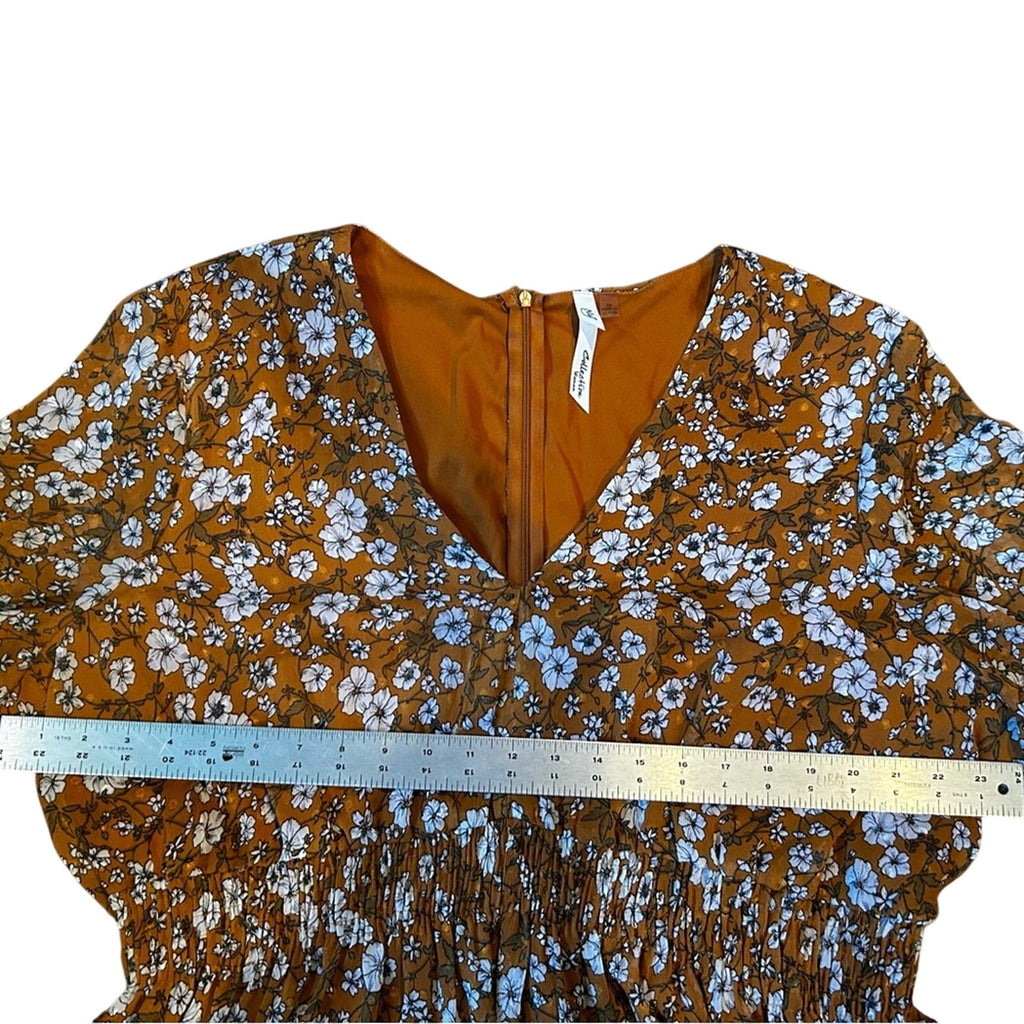 NY Collection Brown Floral Boho Flowy Long Sleeve Dress Plus Size 3X Stretchy