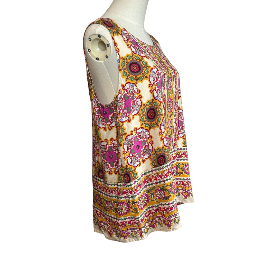 Boho Multicolor Print Rayon Sleeveless Top Large Indie Retro Casual Loungewear