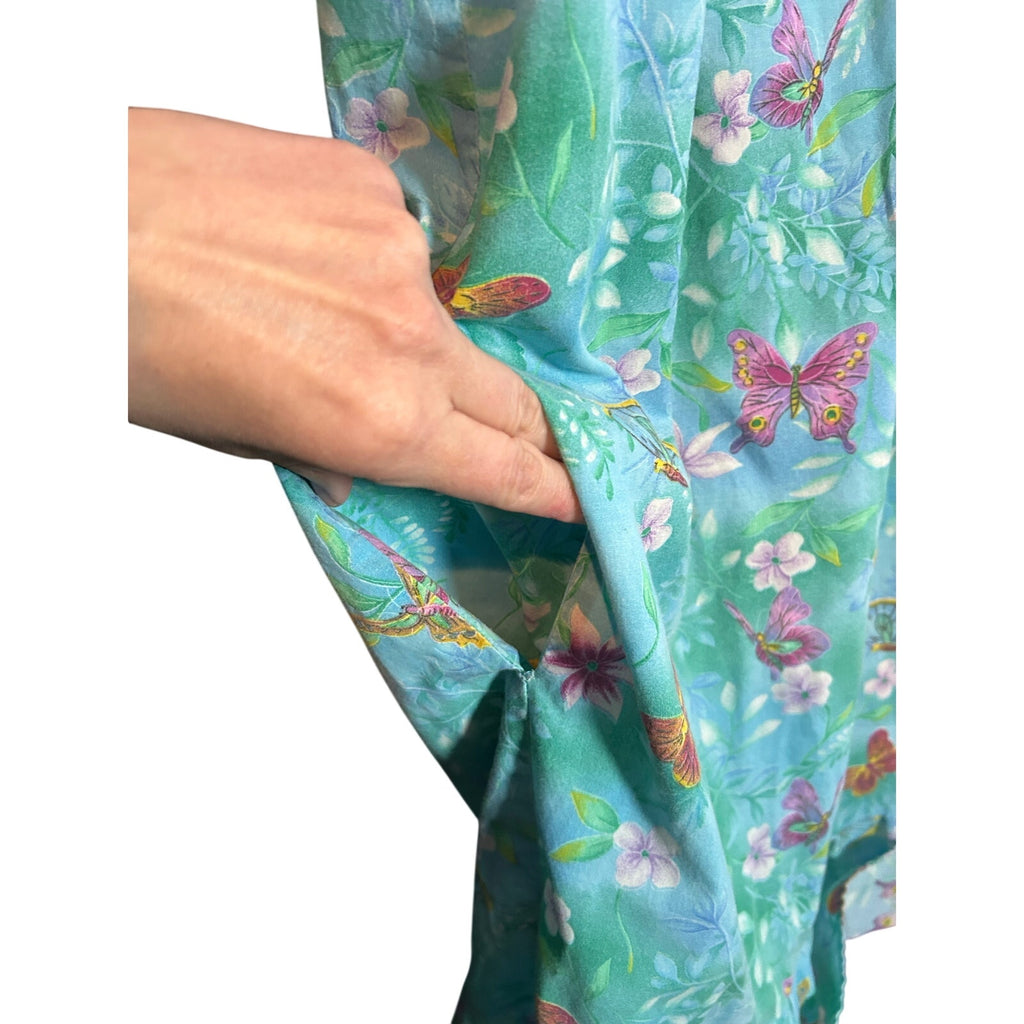 VTG Butterfly Floral Cotton Feel House Dress Blue Green XL Single Side Pocket