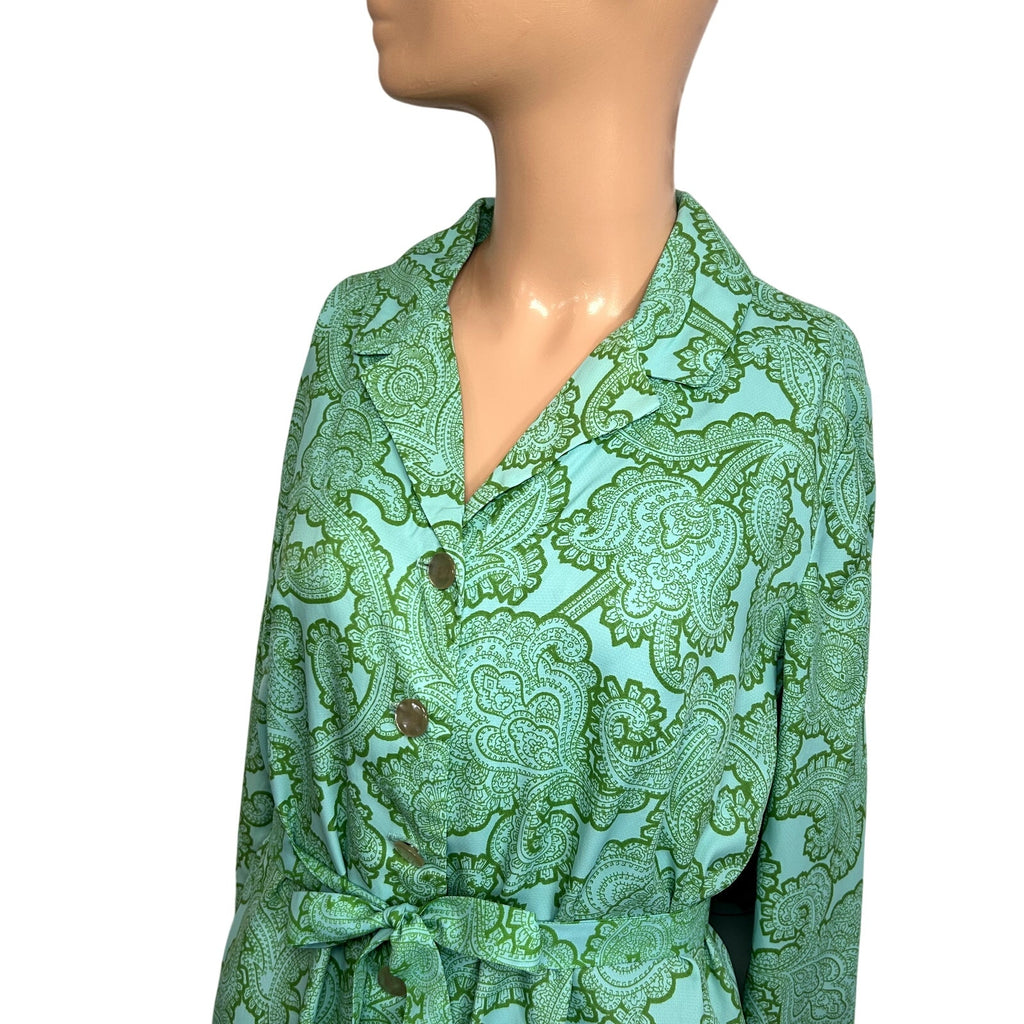 VTG 60s Kay Windsor Midi Dress Teal Paisley Retro Mod Secretary Union Made