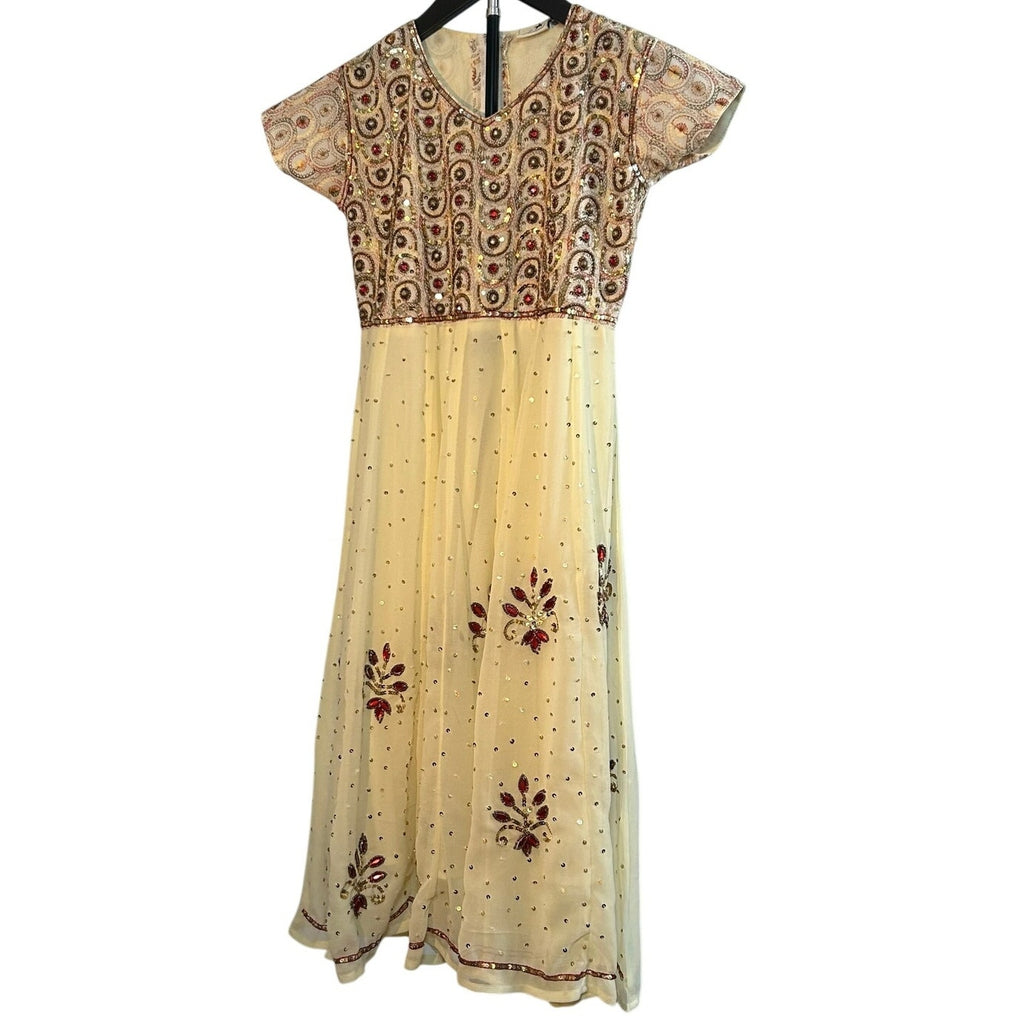 VTG 70s Anmol Indian Metallic Gold Thread Chiffon Dress Boho Whimsigoth XXS