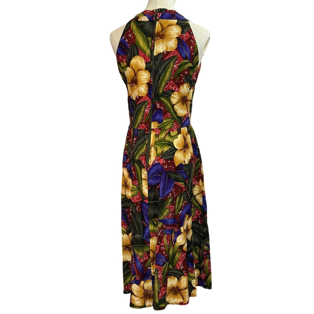 VTG 90s Positive Attitude Tropical Hibiscus Rayon Midi Dress Pockets Size 14
