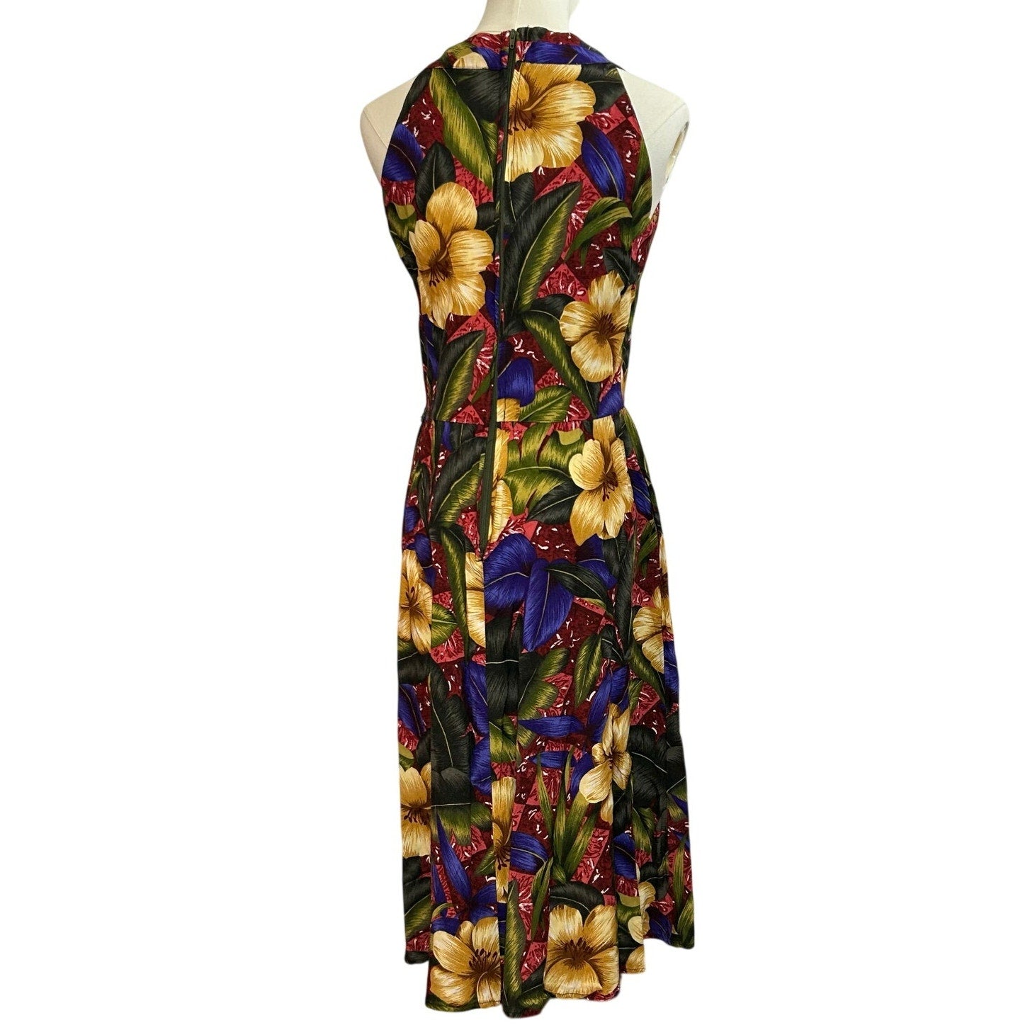 VTG 90s Positive Attitude Tropical Hibiscus Rayon Midi Dress Pockets Size 14
