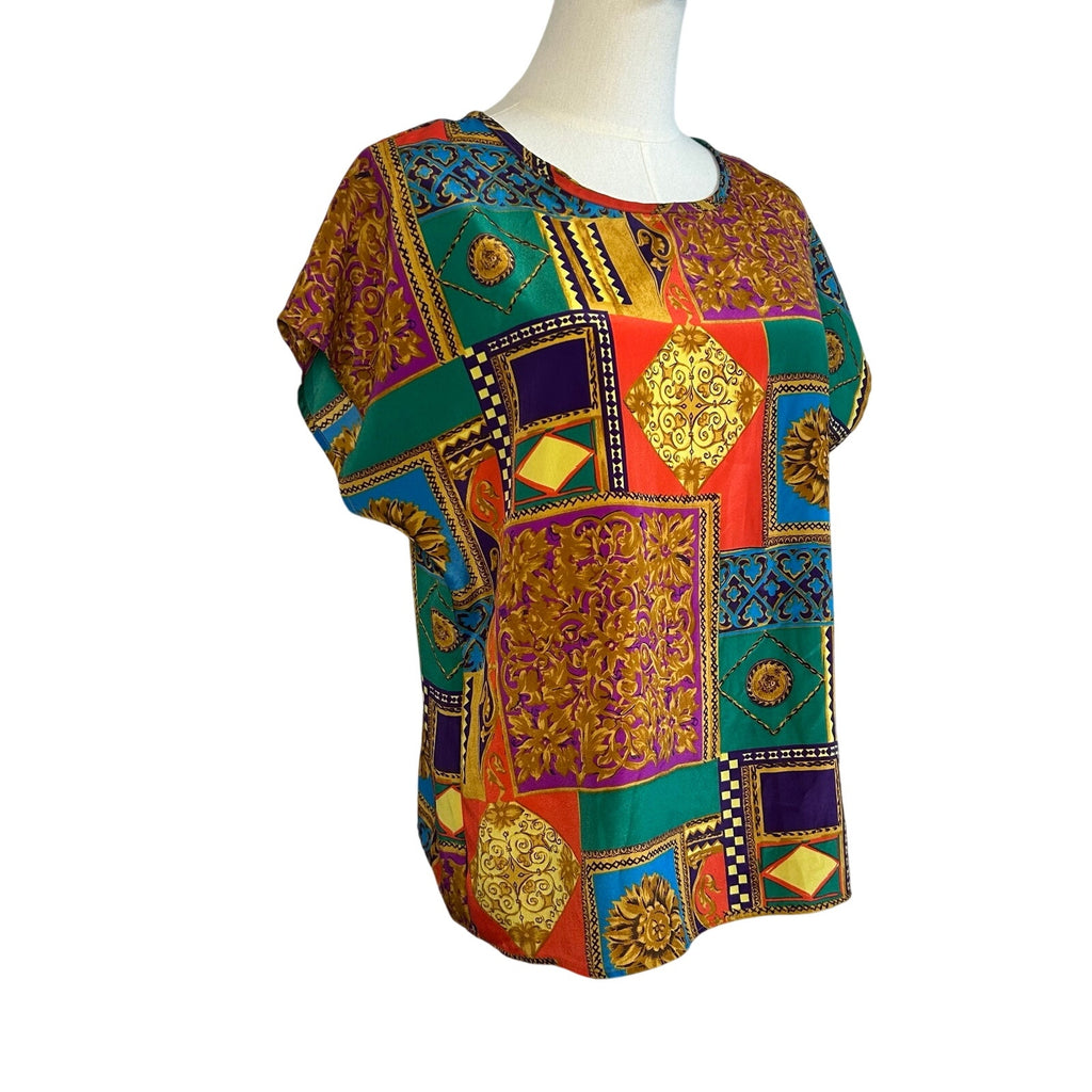 VTG 80s Multicolor Geometric L Short Sleeve Top Office Siren Maximalist Retro