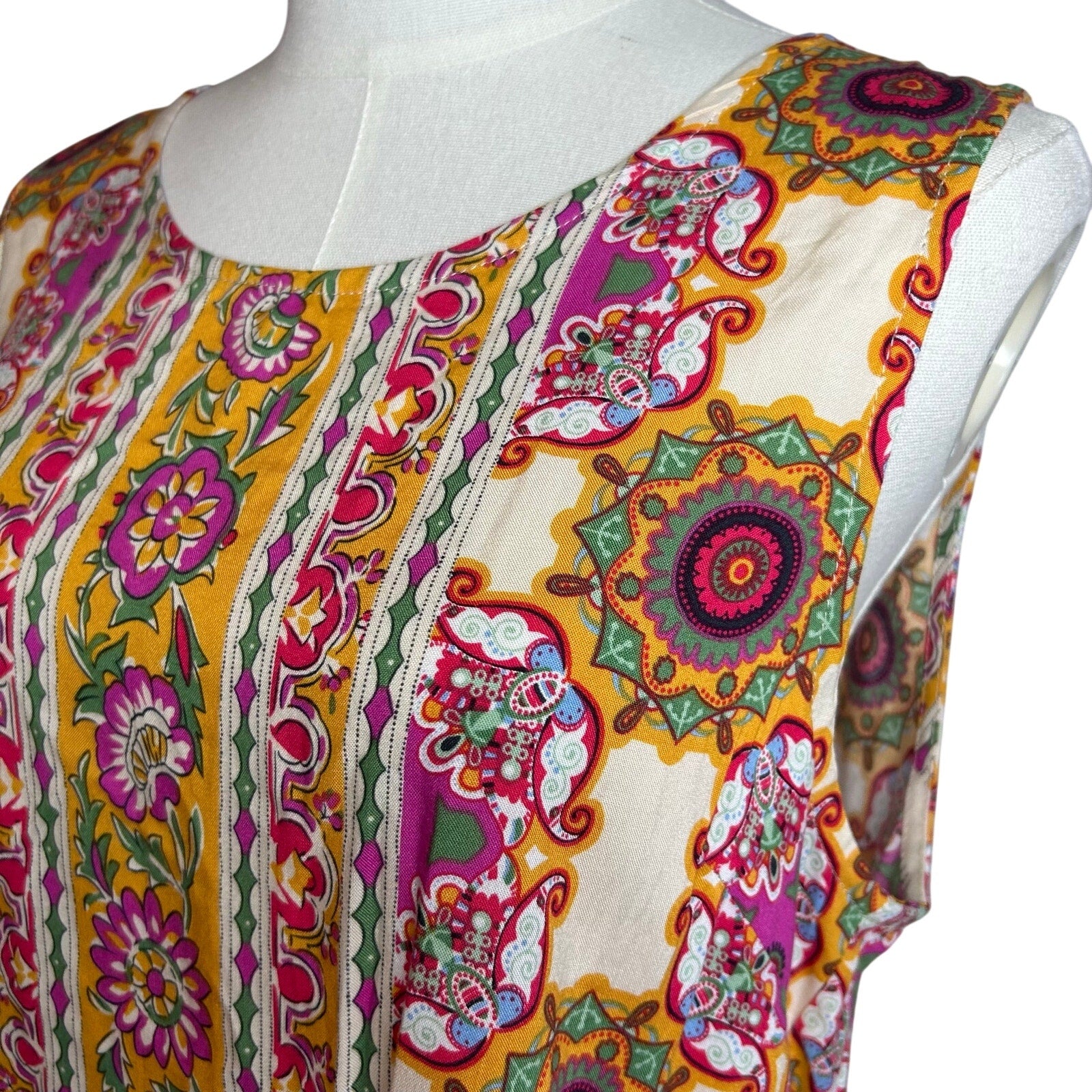 Boho Multicolor Print Rayon Sleeveless Top Large Indie Retro Casual Loungewear