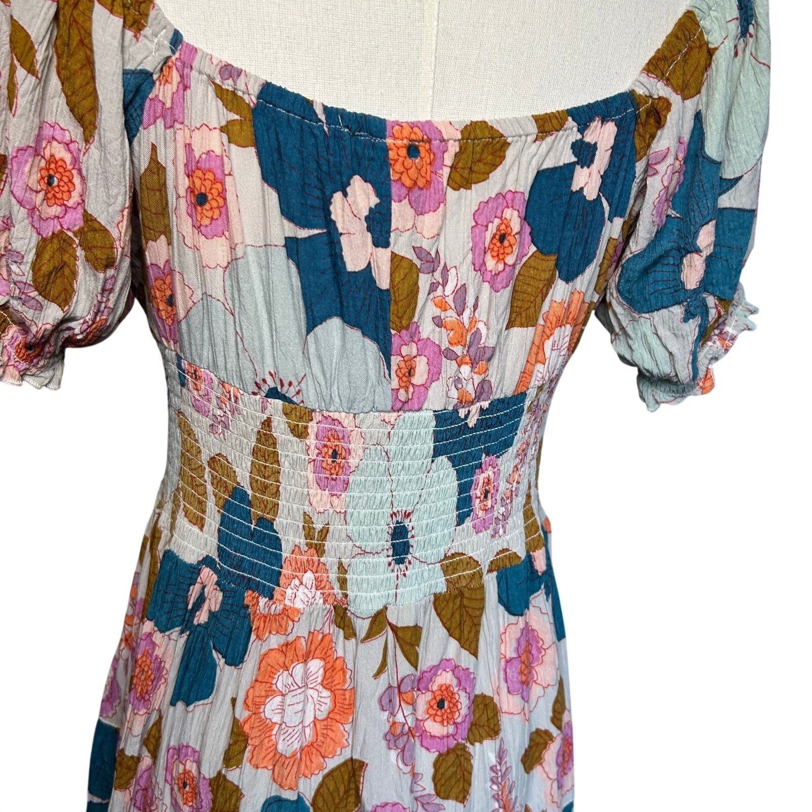 Angie Floral Smocked Boho Mini Dress Medium Cottage Indie Retro Rayon Festival