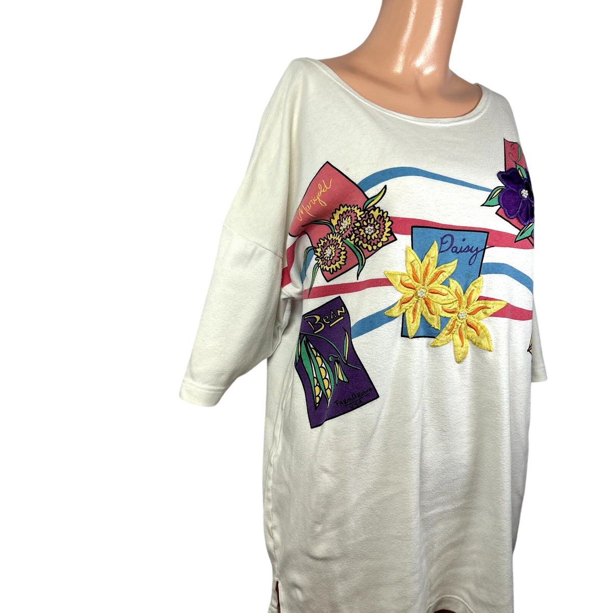 VTG 90s Architect L White Seed Packet Floral Beaded Applique Grandmacore Top
