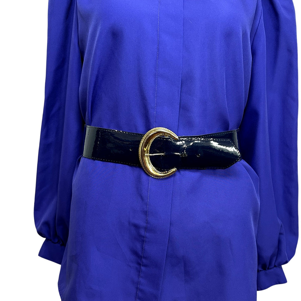 VTG 80s Glam Blue Belt Gold Crescent Buckle Patent Leather Retro Office Siren