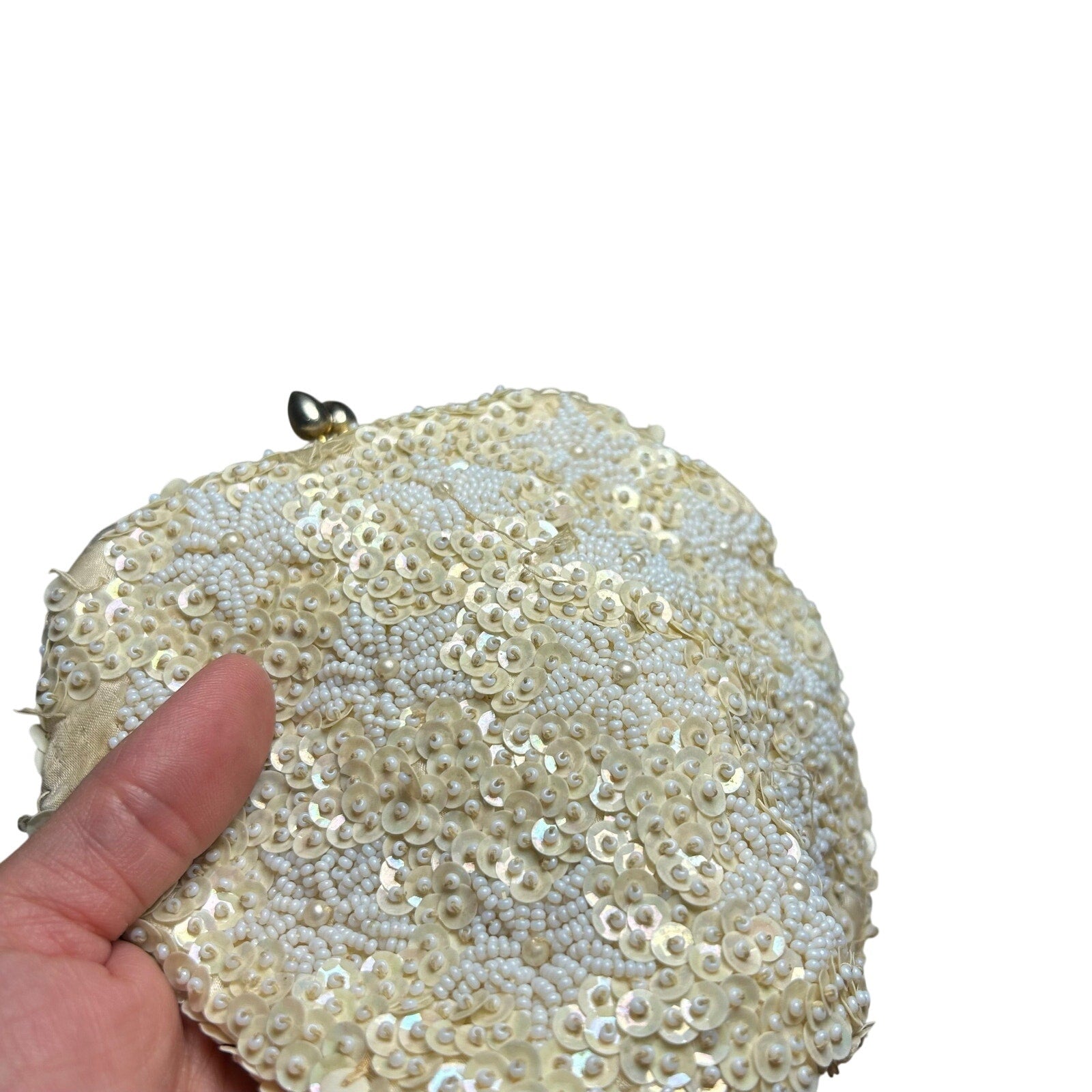 VTG 50s Cream Sequin White Floral Clutch Evening Bag Bridal Prom Retro Glam Twee