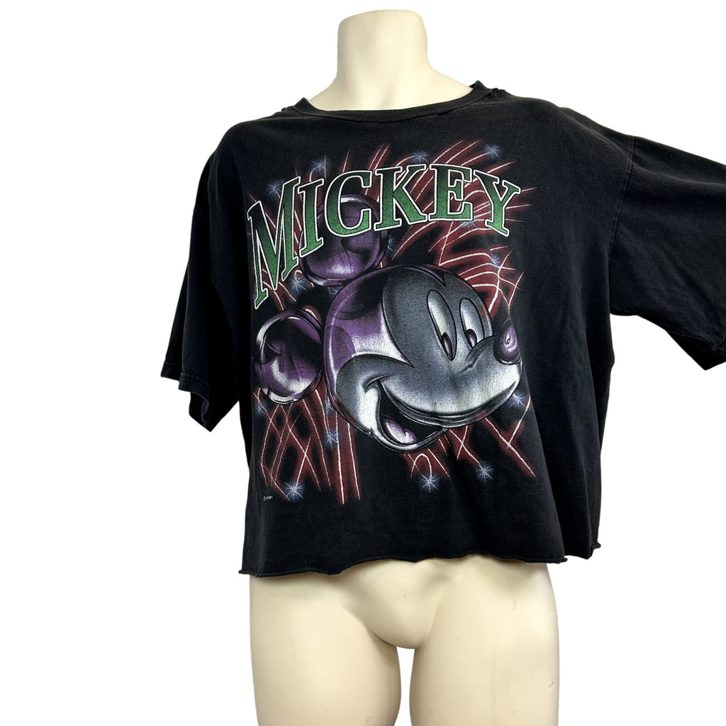 VTG 90s Disney Mickey Unlimited L Black Fireworks T-Shirt Trashed Grunge