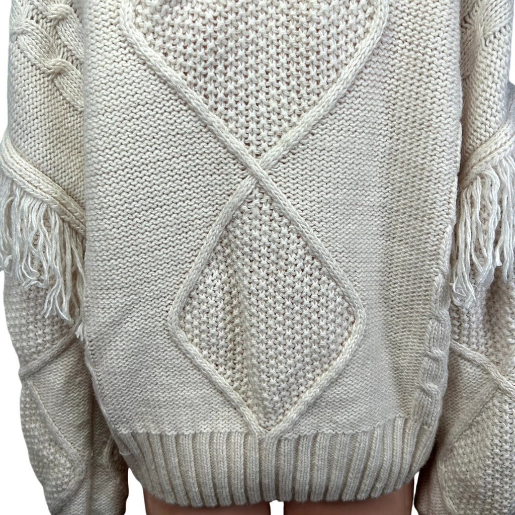 SugarLips M White Knit Fair Isle Fringe Fisherman Sweater Boho Chic Cottage