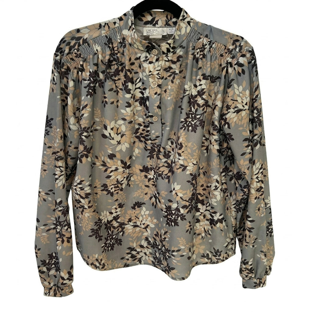 VTG Cape Cod Match Mates Gray Floral Long Sleeve Blouse Retro Boho Career XL