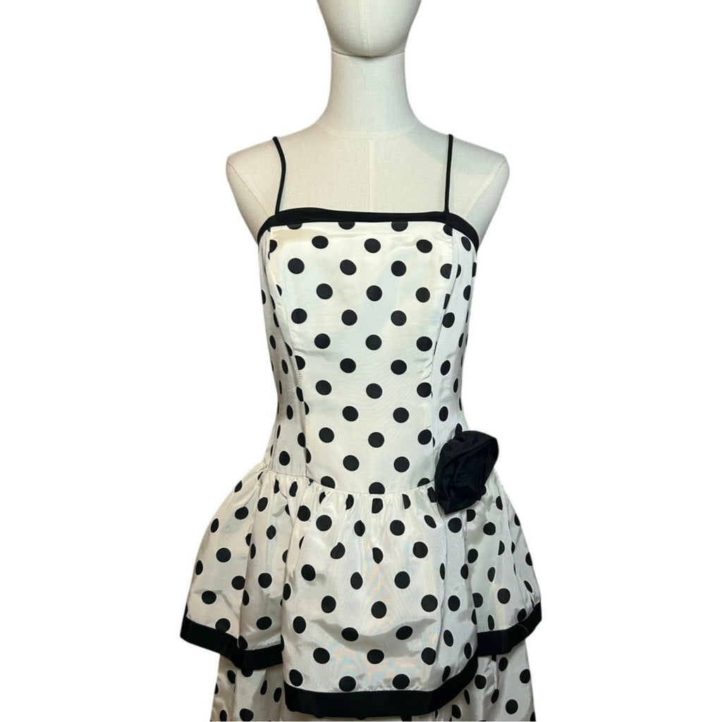 VTG 80s Stop Staring! Polka Dot B&W Medium Tiered Drop Waist Dress Rockabilly