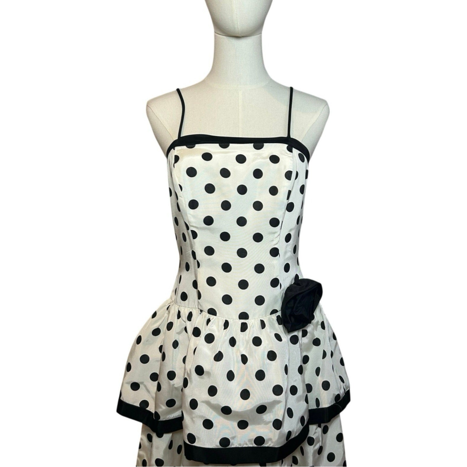 VTG 80s Stop Staring! Polka Dot B&W Medium Tiered Drop Waist Dress Rockabilly