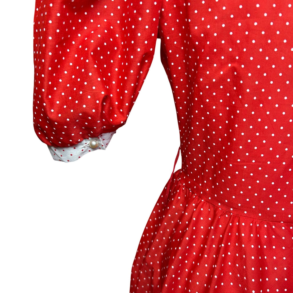 VTG 80s Red White Polka Dot Puff Sleeve Midi Dress