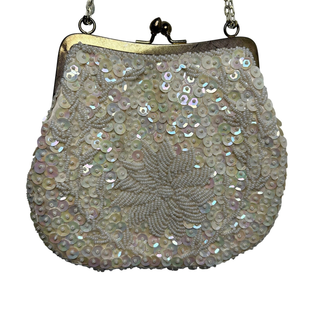 VTG 50's White Beaded Sequin Bridal Evening Bag Hong Kong Wedding Coquette Glam