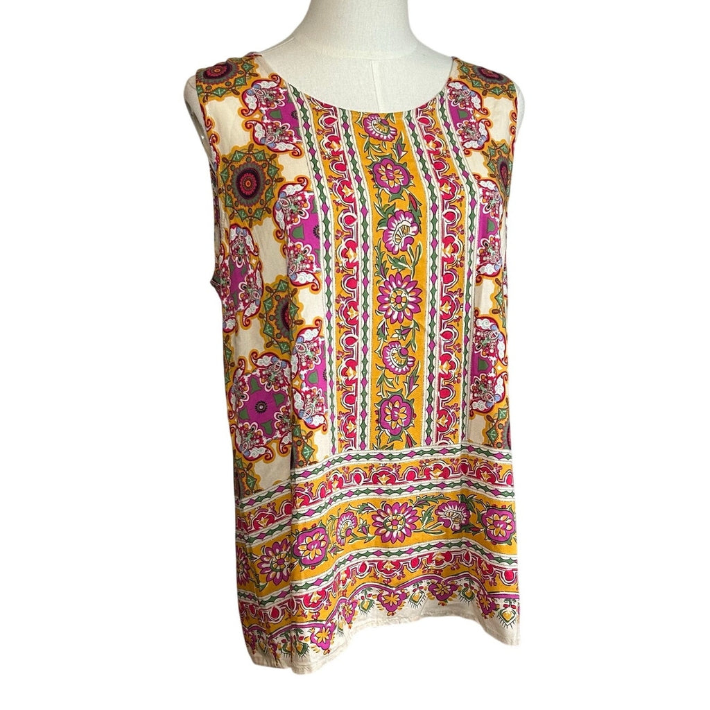 Boho Multicolor Print Rayon Sleeveless Top Large Indie Retro Casual Loungewear